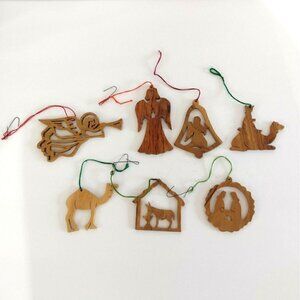 Vintage Lot of 7 Carved Olive Wood Christmas Tree Ornaments Bethlehem